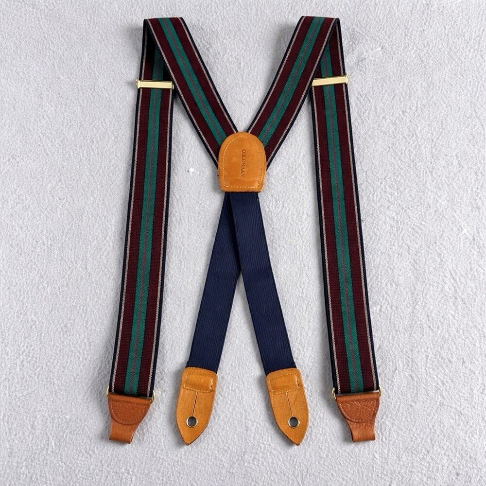 Vintage Cole Haan Suspenders Y Back Striped Leather Button Braces Preppy 90s EUC - Picture 1 of 10